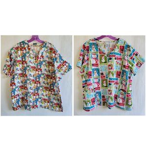 Two Christmas Scrub Tops Size 2X V-Neck Snowman Medical Uniform Nurse